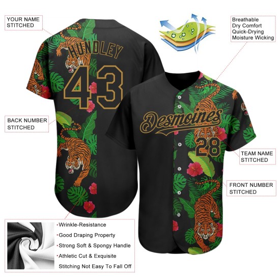 Maglia da baseball Hawaii Tiger nera con motivo 3D tropicale, design autentico e oro antico personalizzato Maglia da baseball Hawaii Tiger nera con motivo 3D tropicale, design autentico e oro antico personalizzato