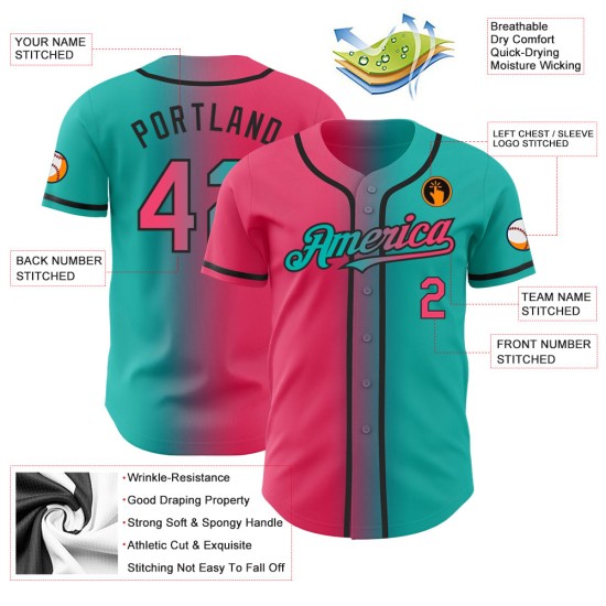Maglia da baseball sfumata rosa-nera autentica neon personalizzata moda acquamarina Maglia da baseball sfumata rosa-nera autentica neon personalizzata moda acquamarina