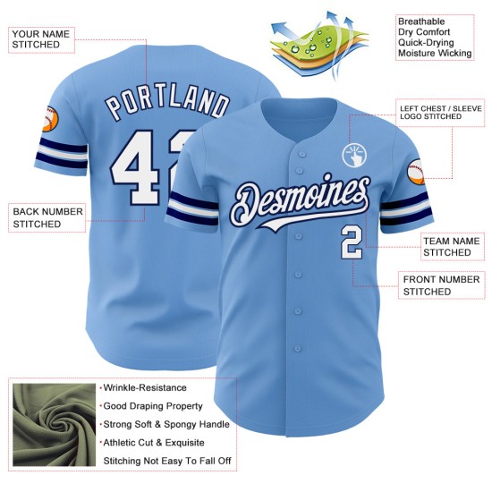 Maglia da baseball personalizzata blu chiaro bianca-blu navy autentica Maglia da baseball personalizzata blu chiaro bianca-blu navy autentica