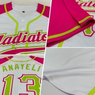 Maglia da baseball verde-rosa con maniche personalizzate, bianca, neon, raglan autentico Maglia da baseball verde-rosa con maniche personalizzate, bianca, neon, raglan autentico