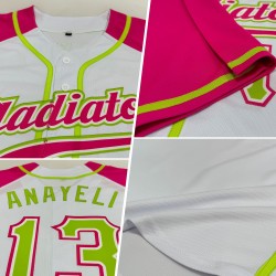Maglia da baseball verde-rosa con maniche personalizzate, bianca, neon, raglan autentico Maglia da baseball verde-rosa con maniche personalizzate, bianca, neon, raglan autentico