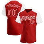 Maglia da baseball autentica con maniche raglan personalizzata, bianca e rossa Maglia da baseball autentica con maniche raglan personalizzata, bianca e rossa