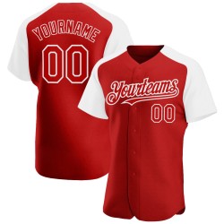 Maglia da baseball autentica con maniche raglan personalizzata, bianca e rossa