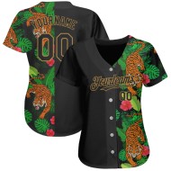 Maglia da baseball Hawaii Tiger nera con motivo 3D tropicale, design autentico e oro antico personalizzato Maglia da baseball Hawaii Tiger nera con motivo 3D tropicale, design autentico e oro antico personalizzato