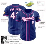 Maglia da baseball autentica personalizzata bianca e rosa a righe blu royal Maglia da baseball autentica personalizzata bianca e rosa a righe blu royal