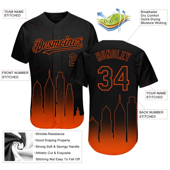 Maglia da baseball personalizzata City Philadelphia 3D Fade, edizione nera, autentica, arancione Maglia da baseball personalizzata City Philadelphia 3D Fade, edizione nera, autentica, arancione