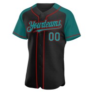 Maglia da baseball autentica, manica personalizzata, nera, con colletto raglan rosso-verde acqua Maglia da baseball autentica, manica personalizzata, nera, con colletto raglan rosso-verde acqua