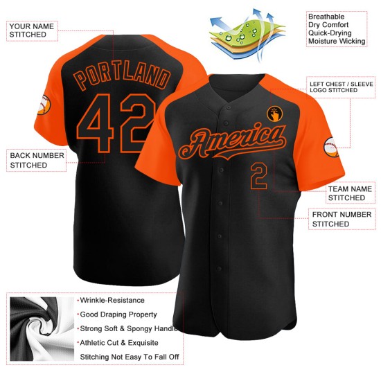 Maglia da baseball Raglan con maniche arancioni, autentica e personalizzata, nera Maglia da baseball Raglan con maniche arancioni, autentica e personalizzata, nera