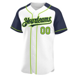 Maglia da baseball autentica, personalizzata, con maniche neon, colore verde-blu, raglan bianco Maglia da baseball autentica, personalizzata, con maniche neon, colore verde-blu, raglan bianco