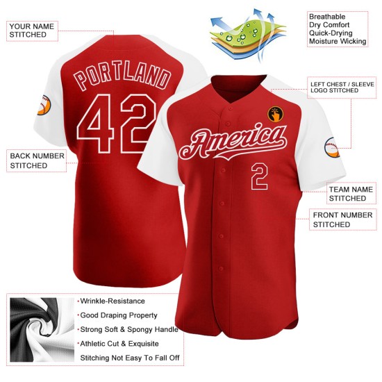 Maglia da baseball autentica con maniche raglan personalizzata, bianca e rossa Maglia da baseball autentica con maniche raglan personalizzata, bianca e rossa