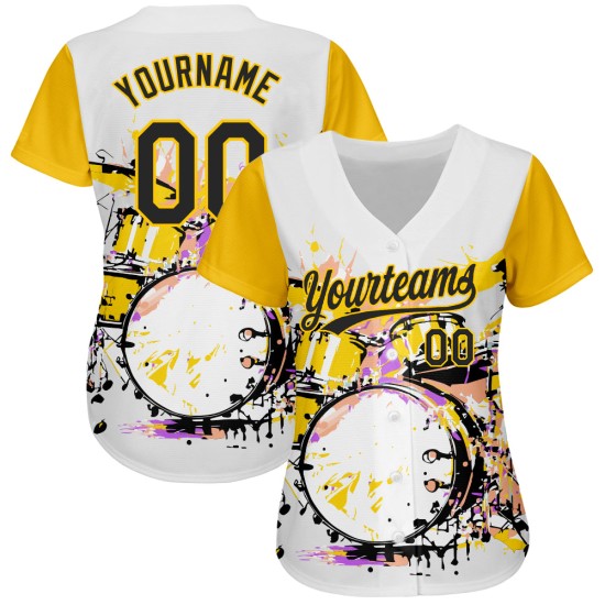 Maglia da baseball con motivo astratto 3D Splash, design personalizzato, batteria, festival, nera e gialla, bianca Maglia da baseball con motivo astratto 3D Splash, design personalizzato, batteria, festival, nera e gialla, bianca