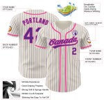 Maglia da baseball color crema autentica personalizzata, a righe viola rosa Maglia da baseball color crema autentica personalizzata, a righe viola rosa