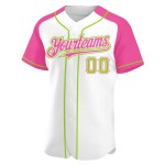 Maglia da baseball verde-rosa con maniche personalizzate, bianca, neon, raglan autentico Maglia da baseball verde-rosa con maniche personalizzate, bianca, neon, raglan autentico