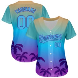 Maglia da baseball con motivo a alberi 3D, autentica, personalizzata, blu e viola, con palme hawaiane