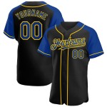 Maglia da baseball con maniche raglan blu royal e giallo personalizzata, autentica, nera Maglia da baseball con maniche raglan blu royal e giallo personalizzata, autentica, nera