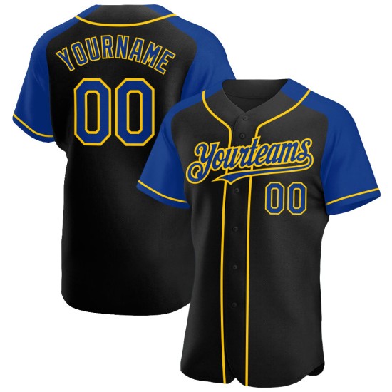 Maglia da baseball con maniche raglan blu royal e giallo personalizzata, autentica, nera Maglia da baseball con maniche raglan blu royal e giallo personalizzata, autentica, nera