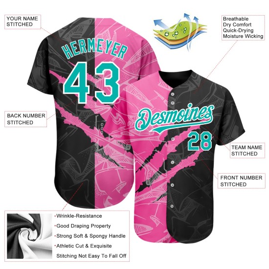 Maglia da baseball personalizzata autentica con motivo graffiato 3D, graffiti, nero-rosa acquamarina Maglia da baseball personalizzata autentica con motivo graffiato 3D, graffiti, nero-rosa acquamarina