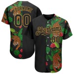Maglia da baseball Hawaii Tiger nera con motivo 3D tropicale, design autentico e oro antico personalizzato Maglia da baseball Hawaii Tiger nera con motivo 3D tropicale, design autentico e oro antico personalizzato