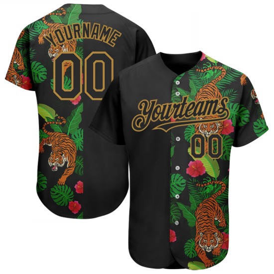Maglia da baseball Hawaii Tiger nera con motivo 3D tropicale, design autentico e oro antico personalizzato Maglia da baseball Hawaii Tiger nera con motivo 3D tropicale, design autentico e oro antico personalizzato