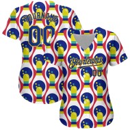 Maglia da baseball personalizzata con motivo Royal-Yellow White, autentica, da bowling, 3D Maglia da baseball personalizzata con motivo Royal-Yellow White, autentica, da bowling, 3D