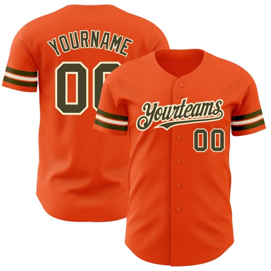Maglia da baseball autentica color oliva-crema, arancione personalizzata Maglia da baseball autentica color oliva-crema, arancione personalizzata