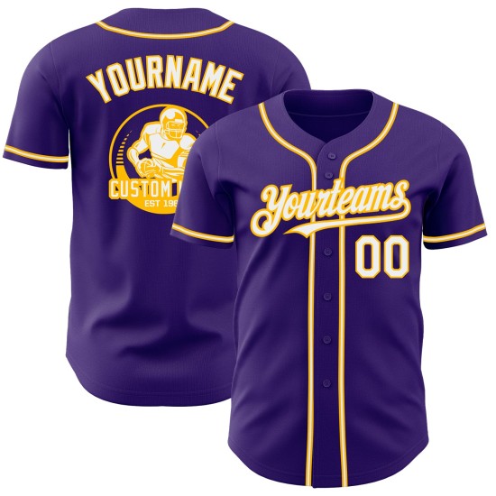 Maglia da baseball autentica viola personalizzata bianco-oro Maglia da baseball autentica viola personalizzata bianco-oro