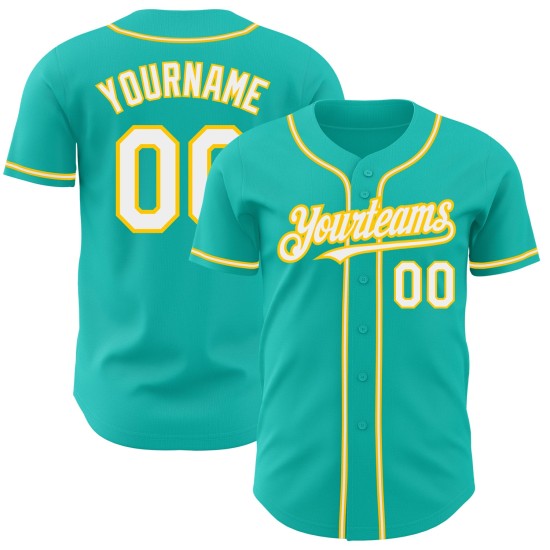 Maglia da baseball personalizzata Aqua autentica, bianca e gialla Maglia da baseball personalizzata Aqua autentica, bianca e gialla