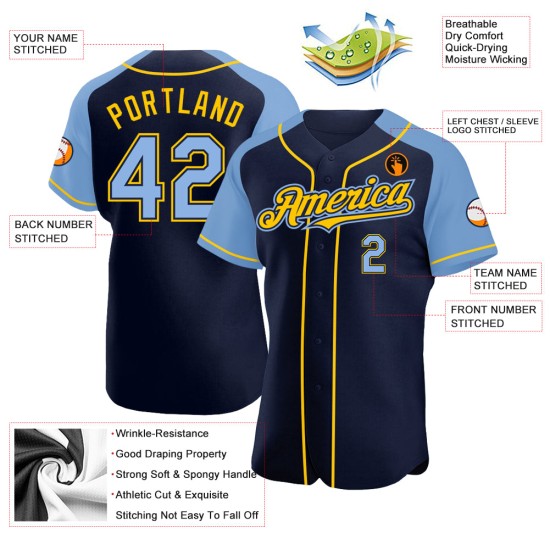 Maglia da baseball personalizzata leggera, autentica, con maniche raglan, blu-gialla, blu navy Maglia da baseball personalizzata leggera, autentica, con maniche raglan, blu-gialla, blu navy