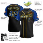 Maglia da baseball con maniche raglan blu royal e giallo personalizzata, autentica, nera Maglia da baseball con maniche raglan blu royal e giallo personalizzata, autentica, nera