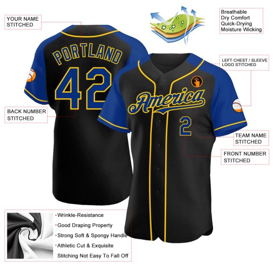 Maglia da baseball con maniche raglan blu royal e giallo personalizzata, autentica, nera Maglia da baseball con maniche raglan blu royal e giallo personalizzata, autentica, nera