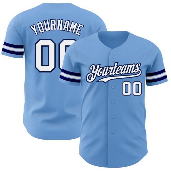 Maglia da baseball personalizzata blu chiaro bianca-blu navy autentica Maglia da baseball personalizzata blu chiaro bianca-blu navy autentica