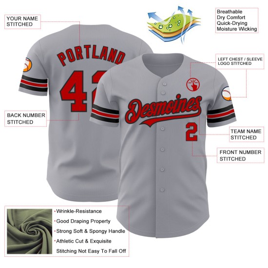 Maglia da baseball autentica grigia personalizzata rosso-nera Maglia da baseball autentica grigia personalizzata rosso-nera