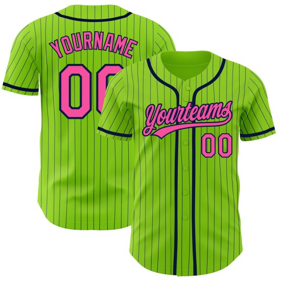 Maglia autentica da baseball blu navy, verde, rosa e neon, personalizzata a righe Maglia autentica da baseball blu navy, verde, rosa e neon, personalizzata a righe