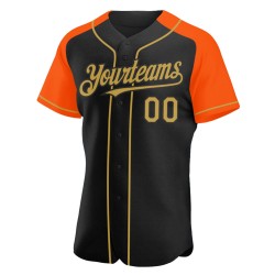 Maglia da baseball Raglan oro-arancio autentica personalizzata con maniche vecchie nere Maglia da baseball Raglan oro-arancio autentica personalizzata con maniche vecchie nere