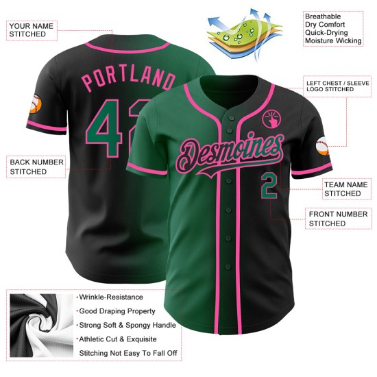 Maglia da baseball Kelly nera e verde-rosa autentica, sfumata, personalizzata alla moda Maglia da baseball Kelly nera e verde-rosa autentica, sfumata, personalizzata alla moda