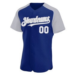 Maglia da baseball Raglan Royal personalizzata con maniche bianche e grigie, autentica Maglia da baseball Raglan Royal personalizzata con maniche bianche e grigie, autentica