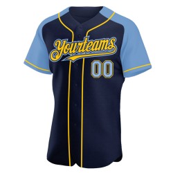Maglia da baseball personalizzata leggera, autentica, con maniche raglan, blu-gialla, blu navy Maglia da baseball personalizzata leggera, autentica, con maniche raglan, blu-gialla, blu navy