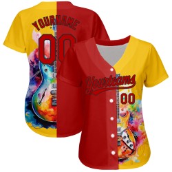 Maglia da baseball personalizzata, chitarra musicale rossa e nera, acquerello autentico, modello di design 3D giallo festival