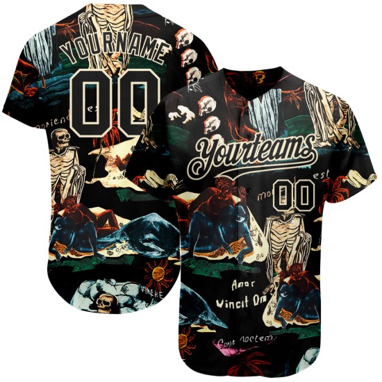 Maglia da baseball personalizzata con teschio 3D, motivo tropicale, in crema e autentica pianta. Maglia da baseball personalizzata con teschio 3D, motivo tropicale, in crema e autentica pianta.