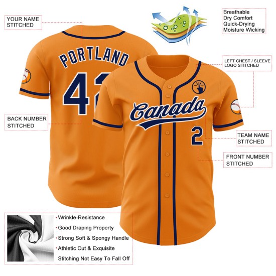 Maglia da baseball Bay Orange blu navy e bianca personalizzata autentica Maglia da baseball Bay Orange blu navy e bianca personalizzata autentica