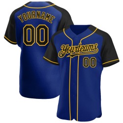 Maglia da baseball Raglan personalizzata con maniche autentiche nere e oro reali