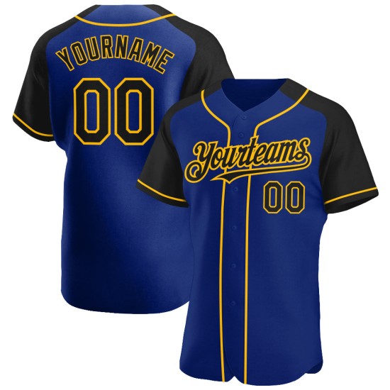 Maglia da baseball Raglan personalizzata con maniche autentiche nere e oro reali Maglia da baseball Raglan personalizzata con maniche autentiche nere e oro reali