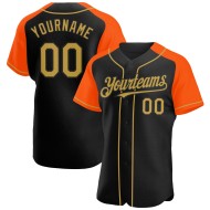 Maglia da baseball Raglan oro-arancio autentica personalizzata con maniche vecchie nere