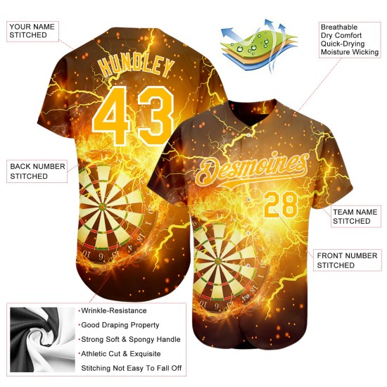 Maglia da baseball Flame Board Gold-White Dart 3D personalizzata con design autentico Black Lightning Maglia da baseball Flame Board Gold-White Dart 3D personalizzata con design autentico Black Lightning