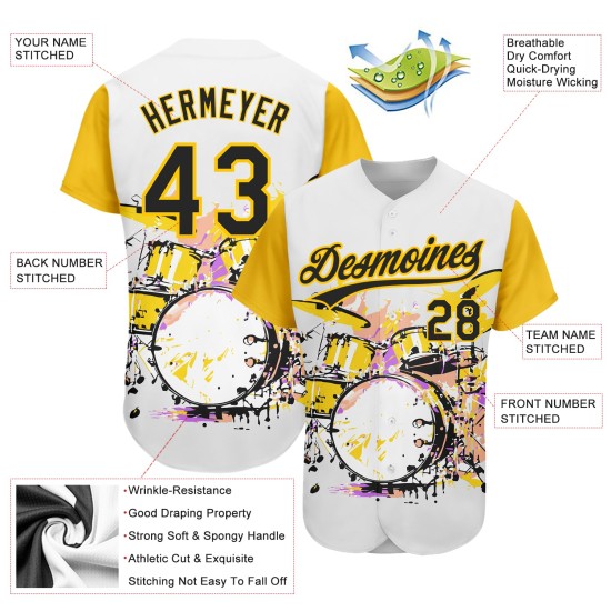 Maglia da baseball con motivo astratto 3D Splash, design personalizzato, batteria, festival, nera e gialla, bianca Maglia da baseball con motivo astratto 3D Splash, design personalizzato, batteria, festival, nera e gialla, bianca