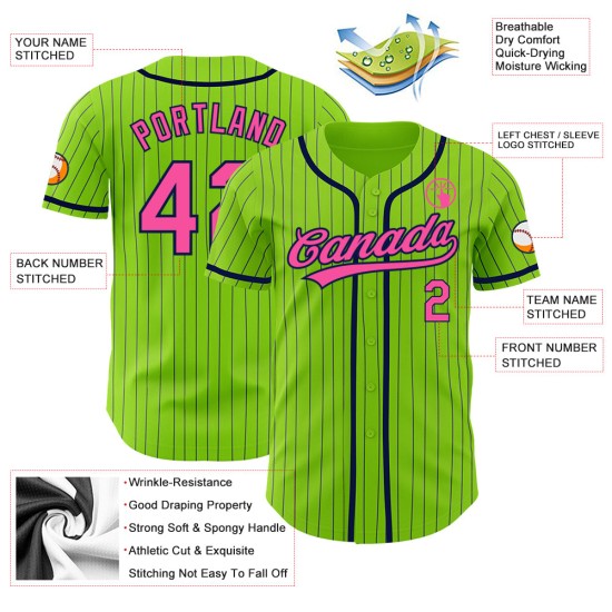 Maglia autentica da baseball blu navy, verde, rosa e neon, personalizzata a righe Maglia autentica da baseball blu navy, verde, rosa e neon, personalizzata a righe
