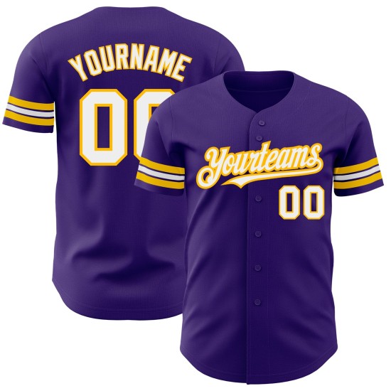 Maglia da baseball personalizzata autentica viola bianco-oro Maglia da baseball personalizzata autentica viola bianco-oro