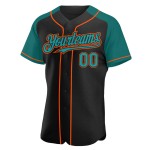 Maglia da baseball personalizzata autentica con maniche color verde acqua e arancio, raglan, nera Maglia da baseball personalizzata autentica con maniche color verde acqua e arancio, raglan, nera