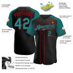 Maglia da baseball autentica, manica personalizzata, nera, con colletto raglan rosso-verde acqua Maglia da baseball autentica, manica personalizzata, nera, con colletto raglan rosso-verde acqua