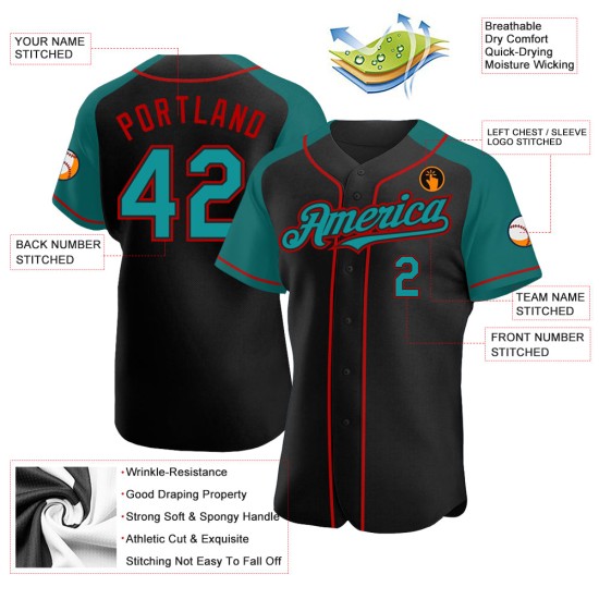 Maglia da baseball autentica, manica personalizzata, nera, con colletto raglan rosso-verde acqua Maglia da baseball autentica, manica personalizzata, nera, con colletto raglan rosso-verde acqua